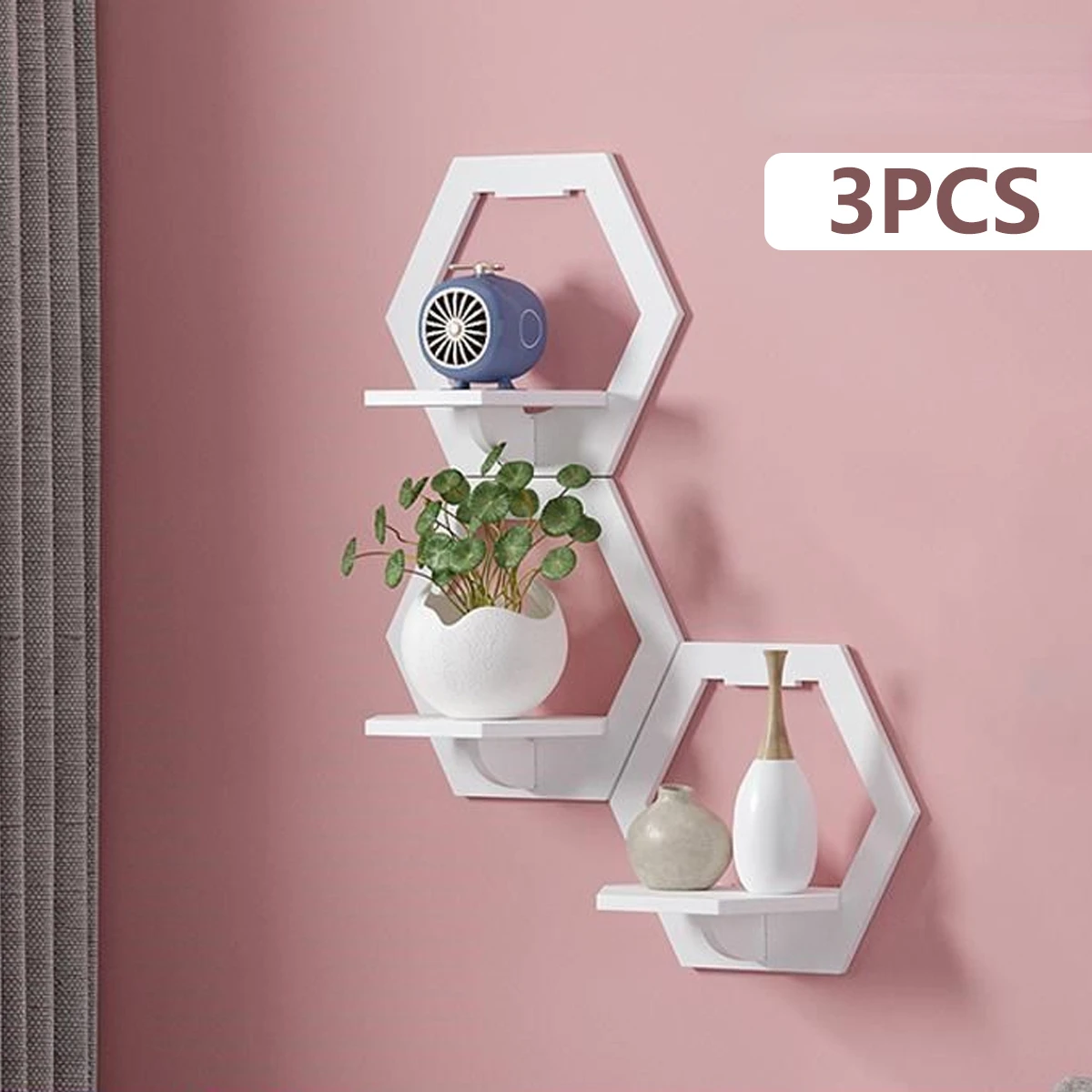 Flower Wall Panel - 3Pcs Hexagon Wall Shelf Punch Free